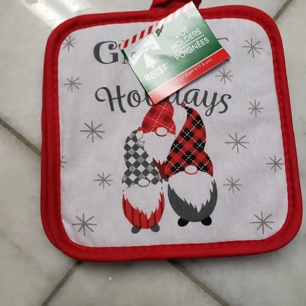 Christmas Set of 5 items,  towels and potholders knomes, NEW